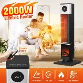 2000W Electric Heater Tower Energy Efficient Space Portable Indoor Fireplace Instant Warmer Oscillating Cooling Fan Bedroom Remote Maxkon