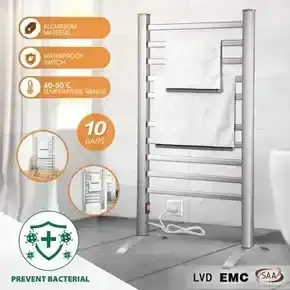 2-in-1 Electric Heated Towel Rail Bathroom 10 Bars Rack Warmer Free Standing Wall Mount