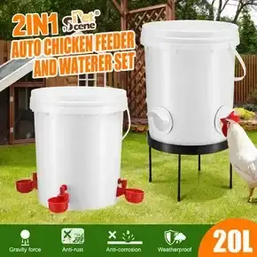 Chicken Bird Feeder Waterer Automatic Water Food Dispenser Auto Chook Hen Chick Poultry Drinker Cup PVC Feeding Port 20L