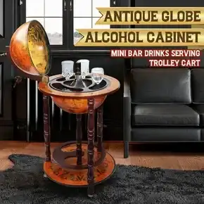 Antique Globe Bar Cart Cabinet Alcohol Wine Drinks Coffee Serving Trolley Round Bottle Storage Mid-century 44x44x88cm