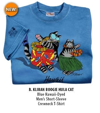 Body_Banner_Prod1_B. Kliban Boogie Hula Cat - Blue Hawaii Dyed Short Sleeve Crewneck T-Shirt