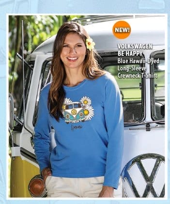 Body_Banner_Prod3_Volkswagen Be Happy - Blue Hawaii Dyed Long Sleeve Crewneck T-Shirt