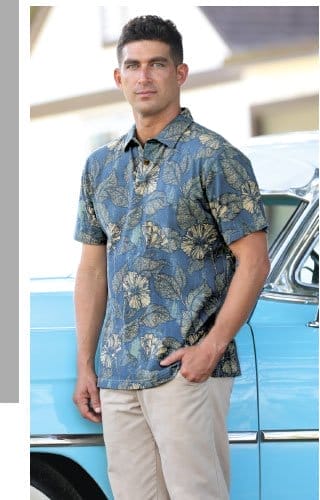 Body_Hero_Cta_Hibiscus Woodcut - Teal/Khaki Short Sleeve Hawaiian Polo Shirt