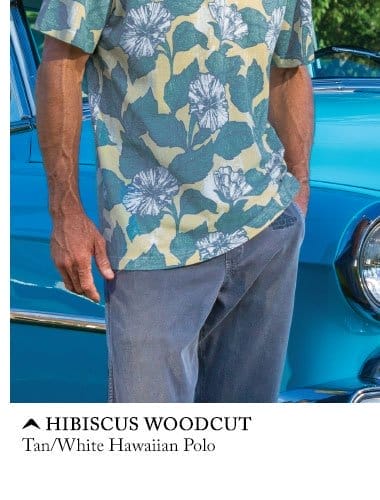 Body_Hero_Cta_Hibiscus Woodcut - Tan/White Short Sleeve Hawaiian Polo Shirt