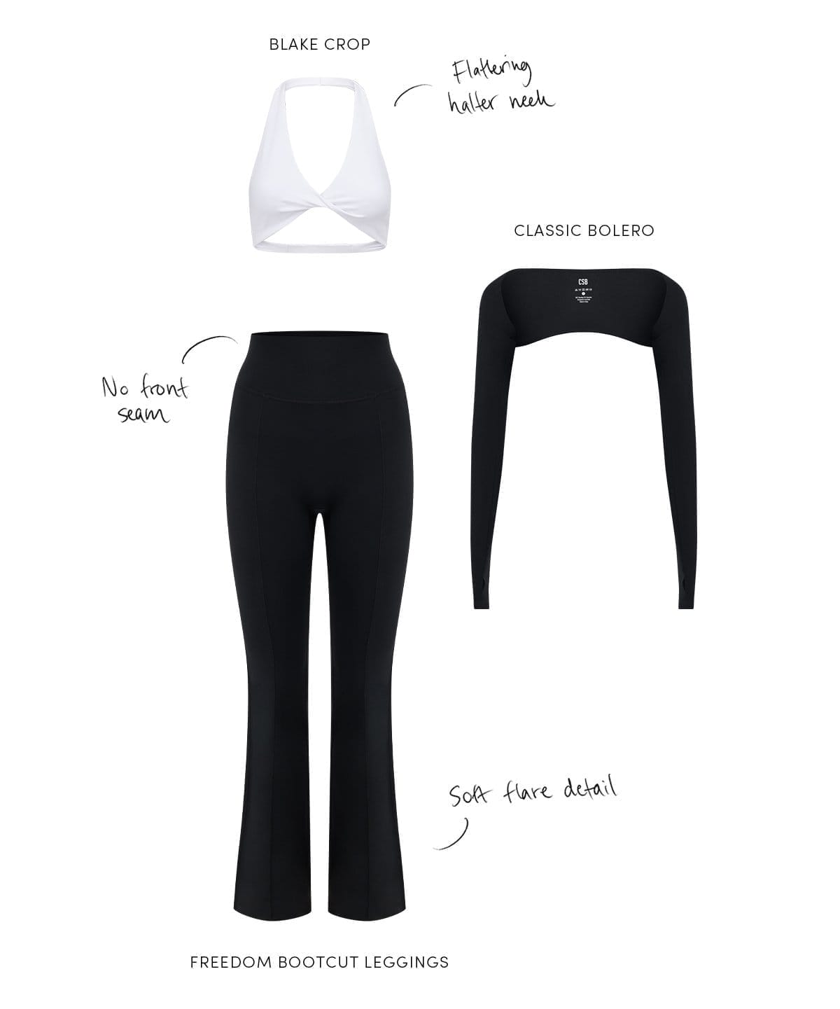 Blake Crop, Freedom Bootcut Leggings and Classic Bolero