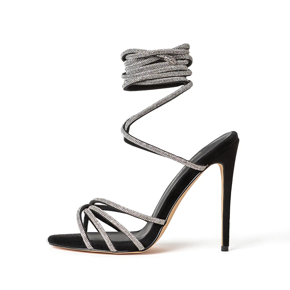 Image of Grace Black Vegan Suede Crystal Wrap Sandal Heels