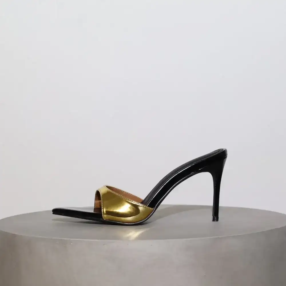 Image of Gia Gold & Black Patent Leather Vegan Mules 80 mm