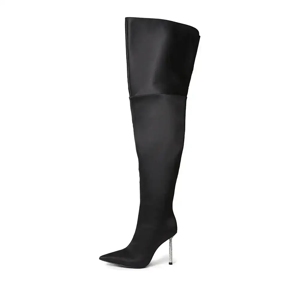 Image of Shania Black Satin Crystal Heel Boots