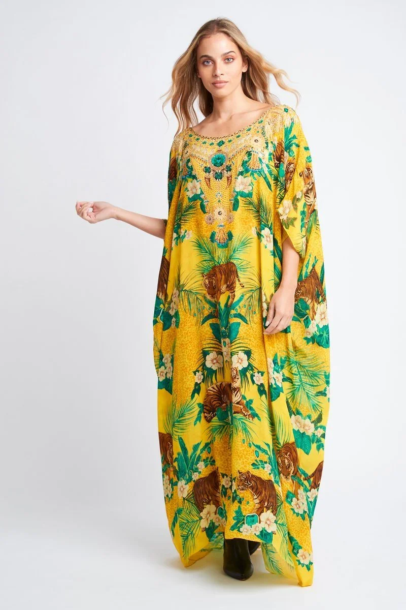 Image of TROPICAL TIGRESS ROUND NECK LONG KAFTAN