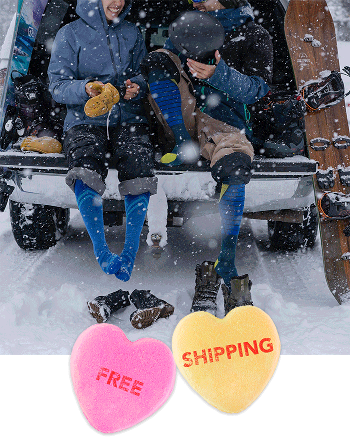 Shop Now - yellow and pink candy hearts read "Free Shipping" above images of couples enjoying the outdoors in their socks.
