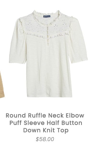 Round Ruffle Neck Elbow Puff Sleeve Half Button Down Knit Top