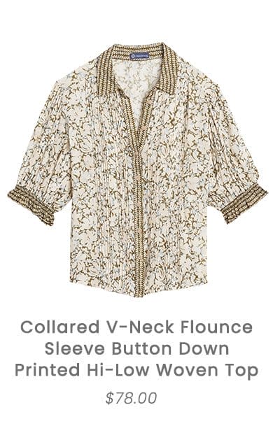 Collared V-Neck Flounce Sleeve Button Down Printed Hi-Low Woven Top