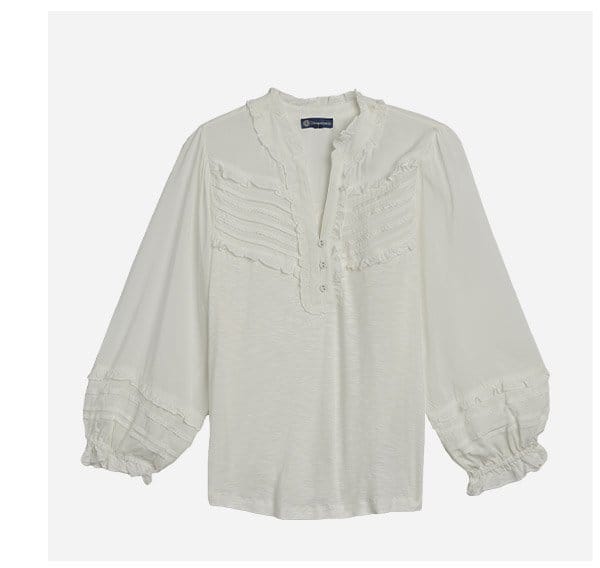 Three Quarter Blouson Sleeve Ruched Yoke V-Neck Button Down Woven Top