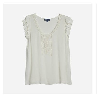 Double Ruffle Sleeve Crochet Fringe U-Neck Woven Tank Top