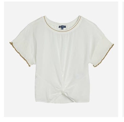 Extended Short Sleeve Round Neck Woven Top with Metallic Tippin