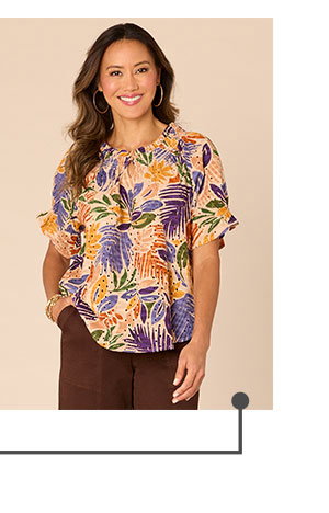 Short Raglan Sleeve Round Smock Neck Tropical Print Woven Top