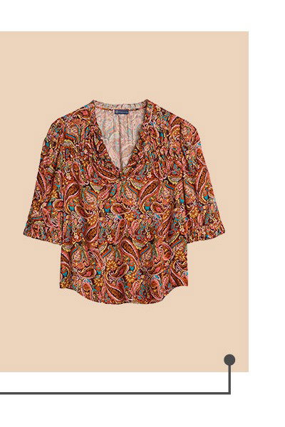 Below Elbow Ruched Sleeve V-Notch Neck Abstract Print Woven Top