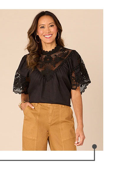 Short Bell Sleeve High Round Neck Crochet V-Yoke Woven Top