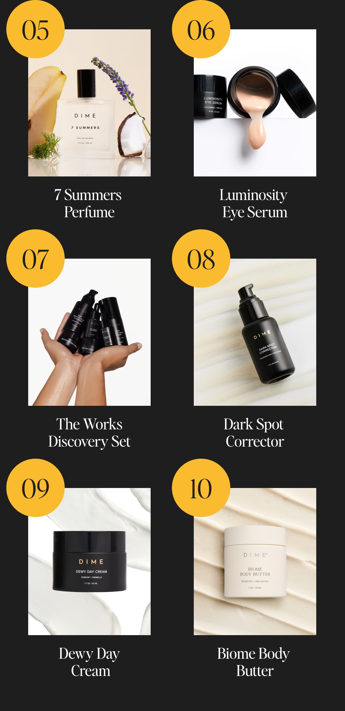 #5 - 7 Summers Perfume PDP Image [SHOP NOW] PDP Image #6 - Luminosity Eye Serum [SHOP NOW] #7 - The Works Discovery Set PDP Image [SHOP NOW] PDP Image #8 - Dark Spot Corrector [SHOP NOW] #9 - Dewy Day Cream PDP Image [SHOP NOW]