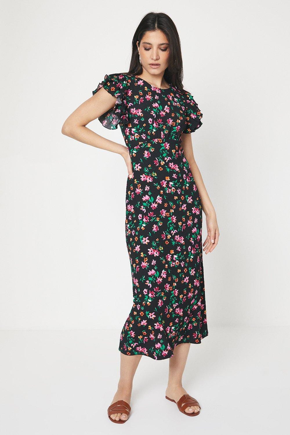 Black Floral Print Ruffle Sleeve Empire Midi Dress