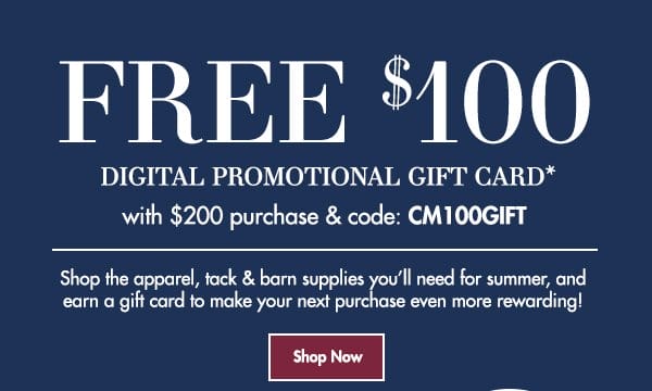 Free \\$100 Digital Promotional Gift Card With \\$200+ Purchase and Code CM100GIFT