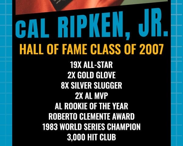 Cal Ripken, Jr. Hall of Fame Class of 2007 19x All-Star 2x Gold Glove 8x Silver Slugger 2x AL MVP AL Rookie of the Year Roberto Clemente Award 1983 World Series Champion 3,000 Hit Club