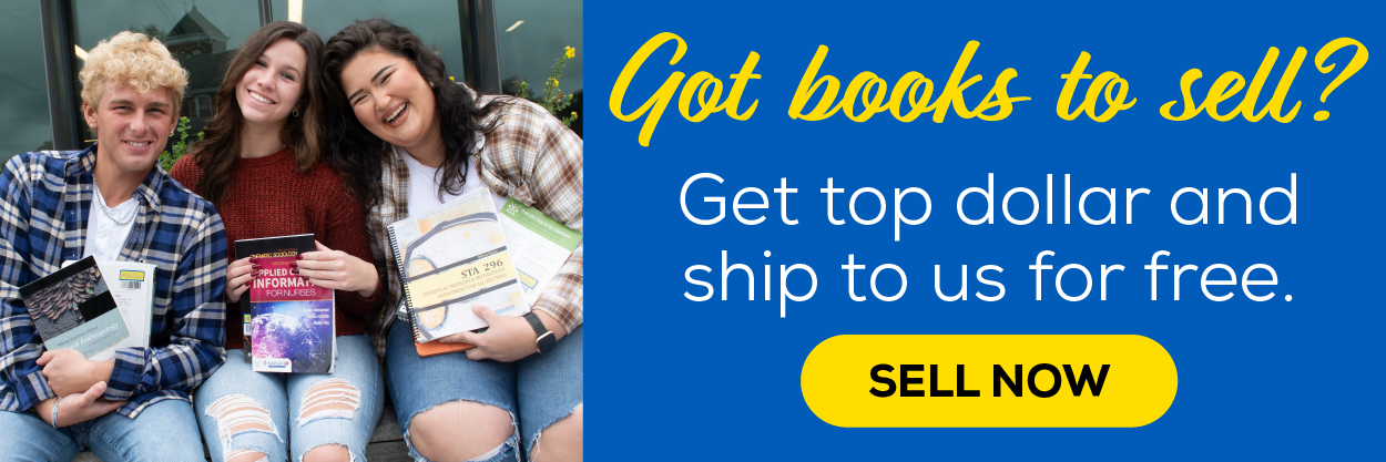 Three students smiling holding textbooks | Got books to sell? Get top dollar and ship to use for free. Sell Now