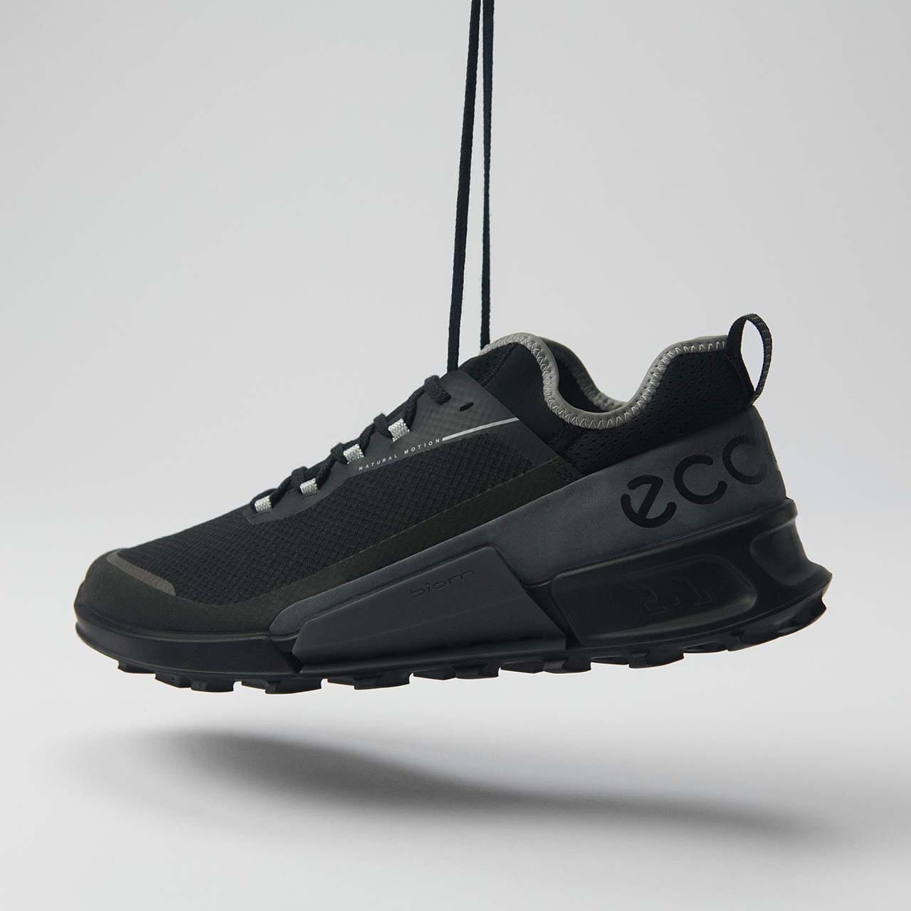 Black sneaker hanging by laces