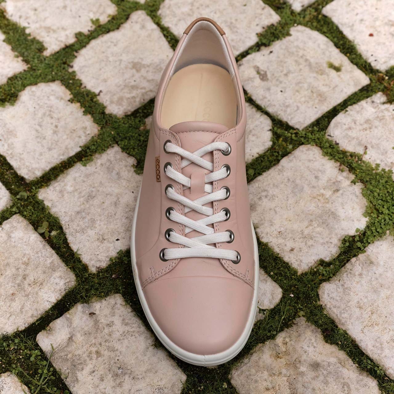 Pink sneaker on stone walkway