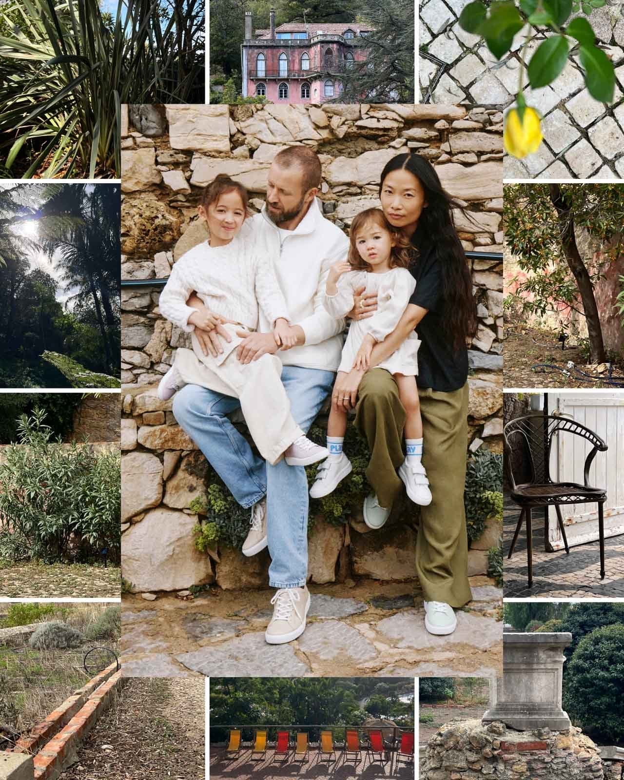 Family sitting on rock wall with collage of scenery images behind 