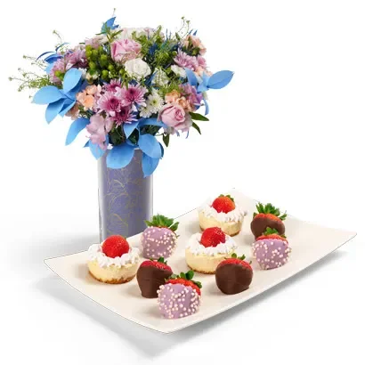 <b>Mother’s Day Dessert Box With Pink & Blue May Flowers<b>