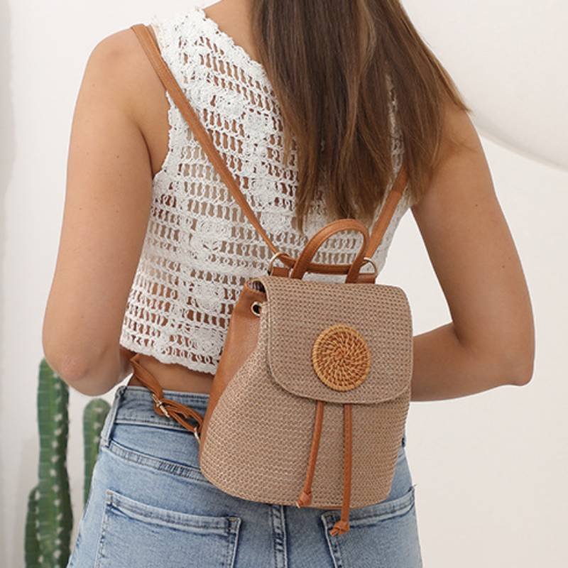 Women Straw Backpack Summer Beach Woven Drawstring Handbag Shoulder Bag