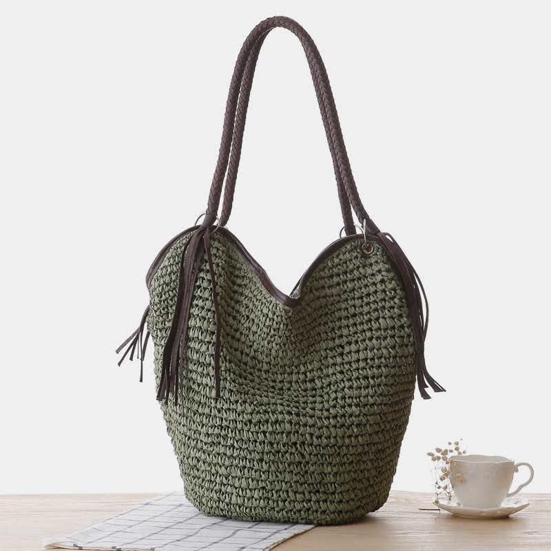 Large Soft Hand-Woven Straw Boho Bag Shoulder Tote Rattan Beach Bag