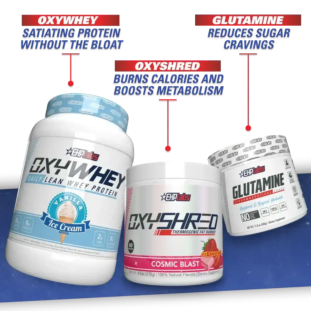 Clinically proven OxyShred fires up your metabolism and helps your body burn stubborn fat to be used as fuel, while OxyWhey and Glutamine will support your diet by keeping you fuller for longer, and reducing sugar cravings WITHOUT the bloat.