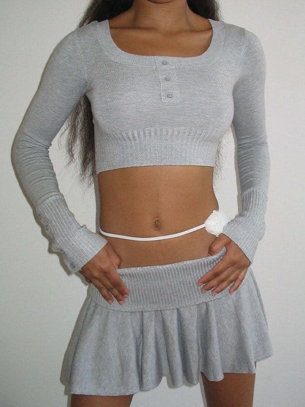 Solid Color Breasted Crop Turned Waist Knit Two Piece