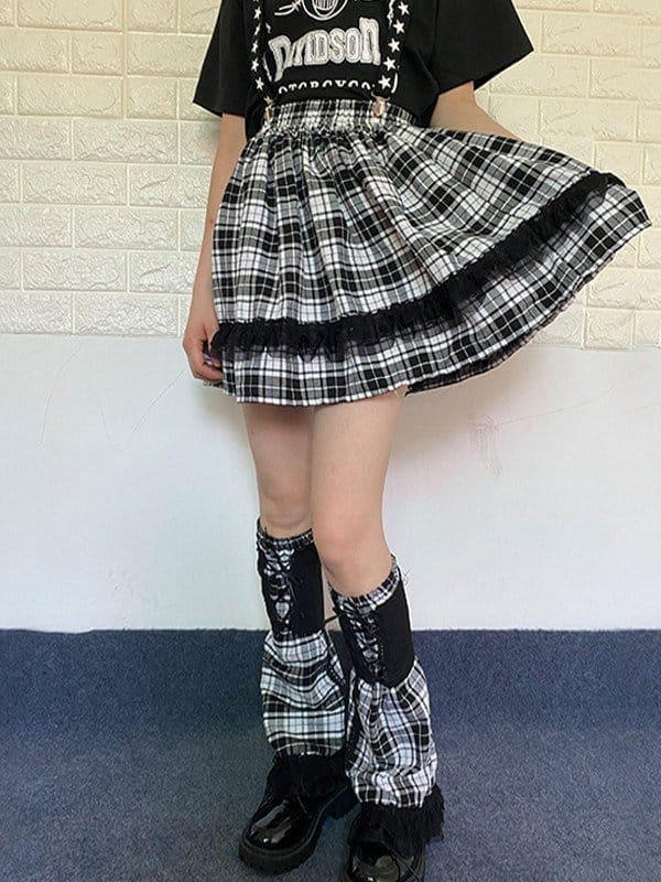 Lace Trim Checkered Mini Skirt