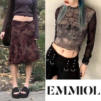 grunge sheer top + midi skirt combo