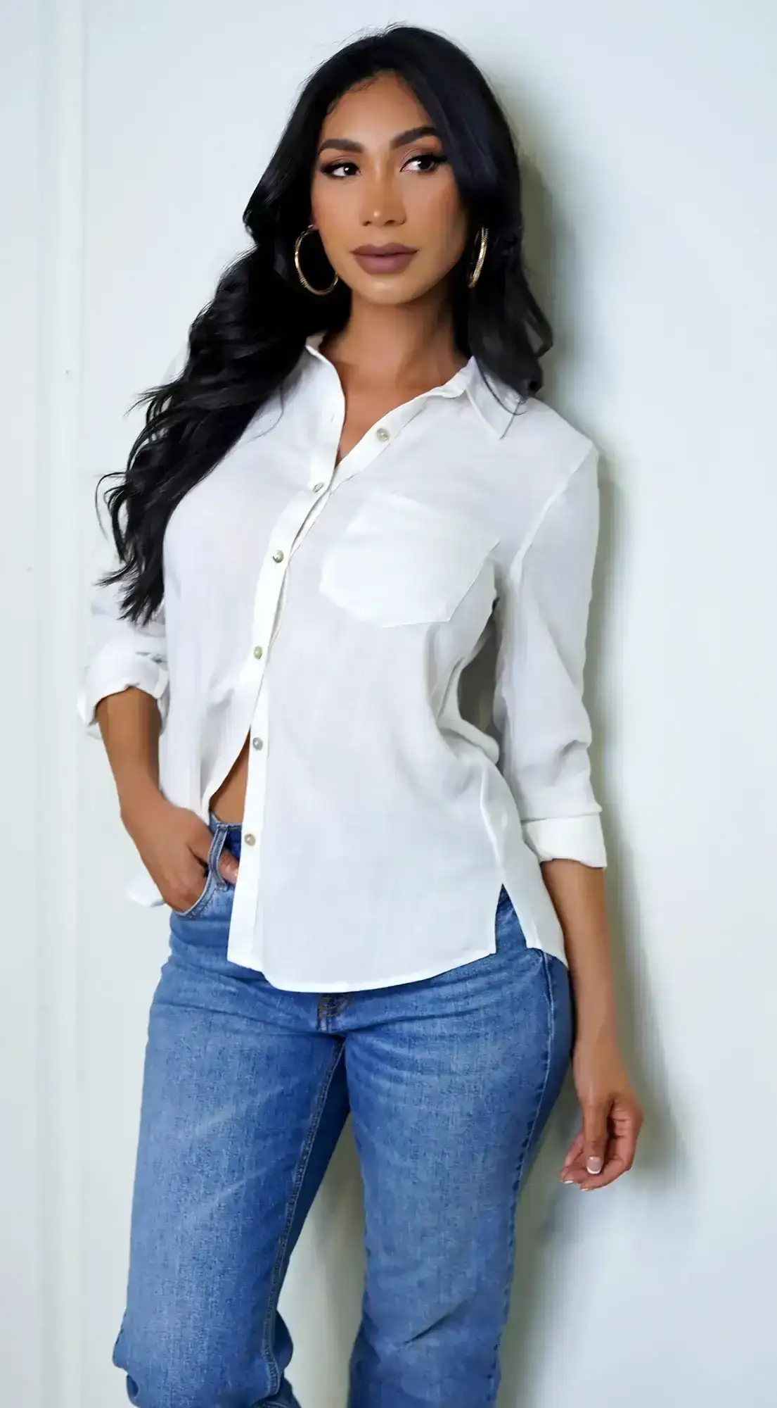 Image of Krista Button Down Pocket Shirt Top - White