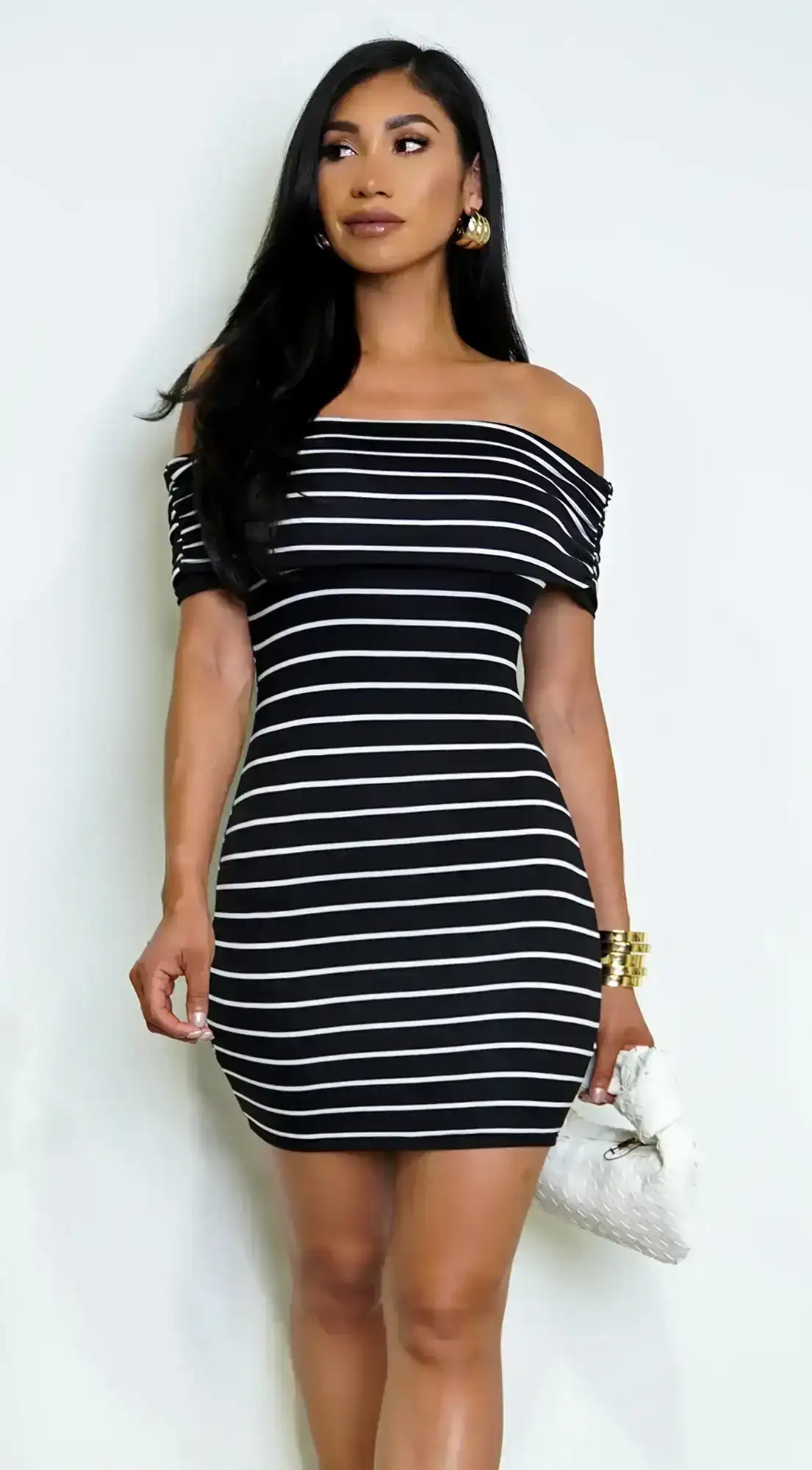 Image of Ember Striped Off Shoulder Mini Dress - Black