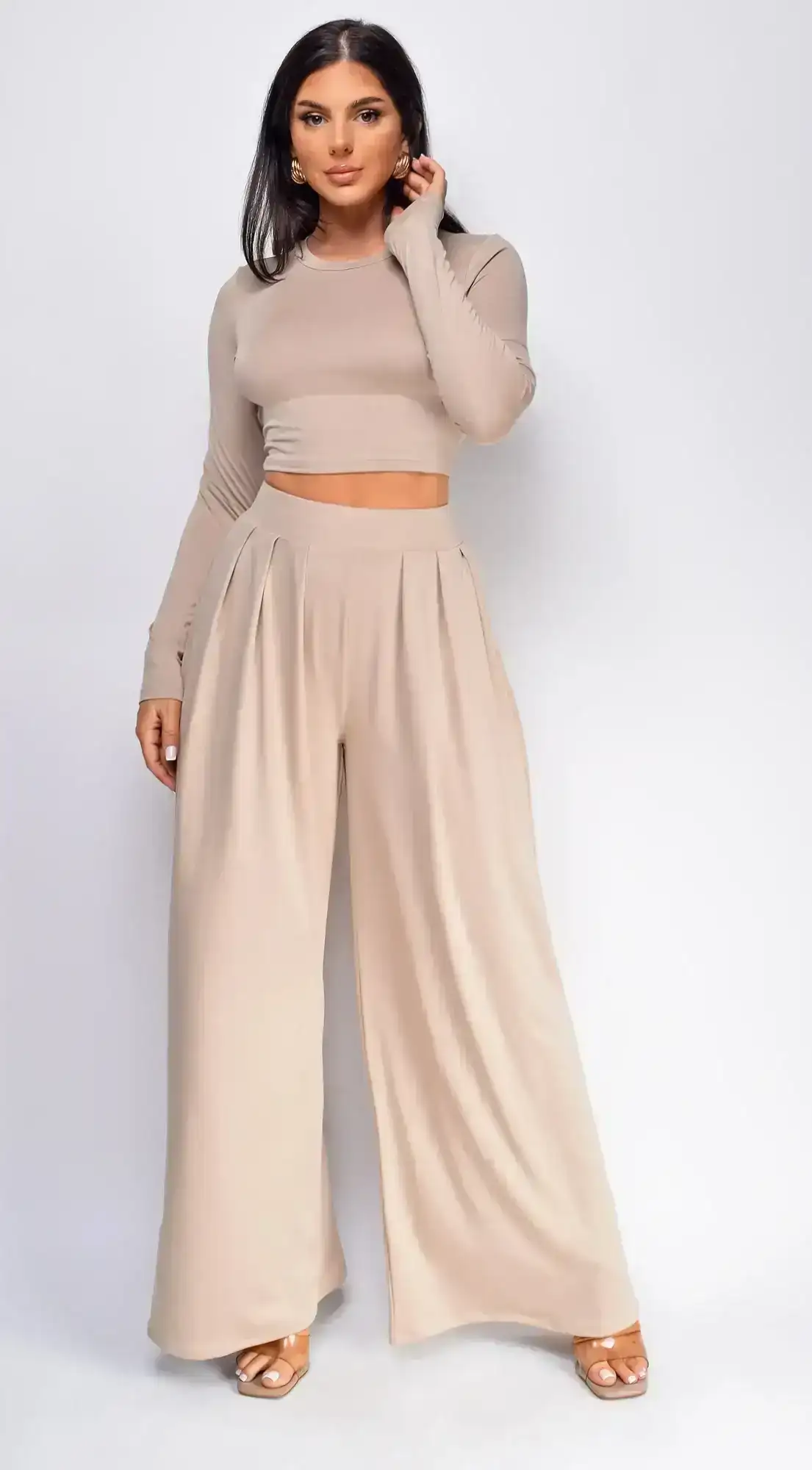 Image of Riona Taupe Beige Wide Leg Pants Set