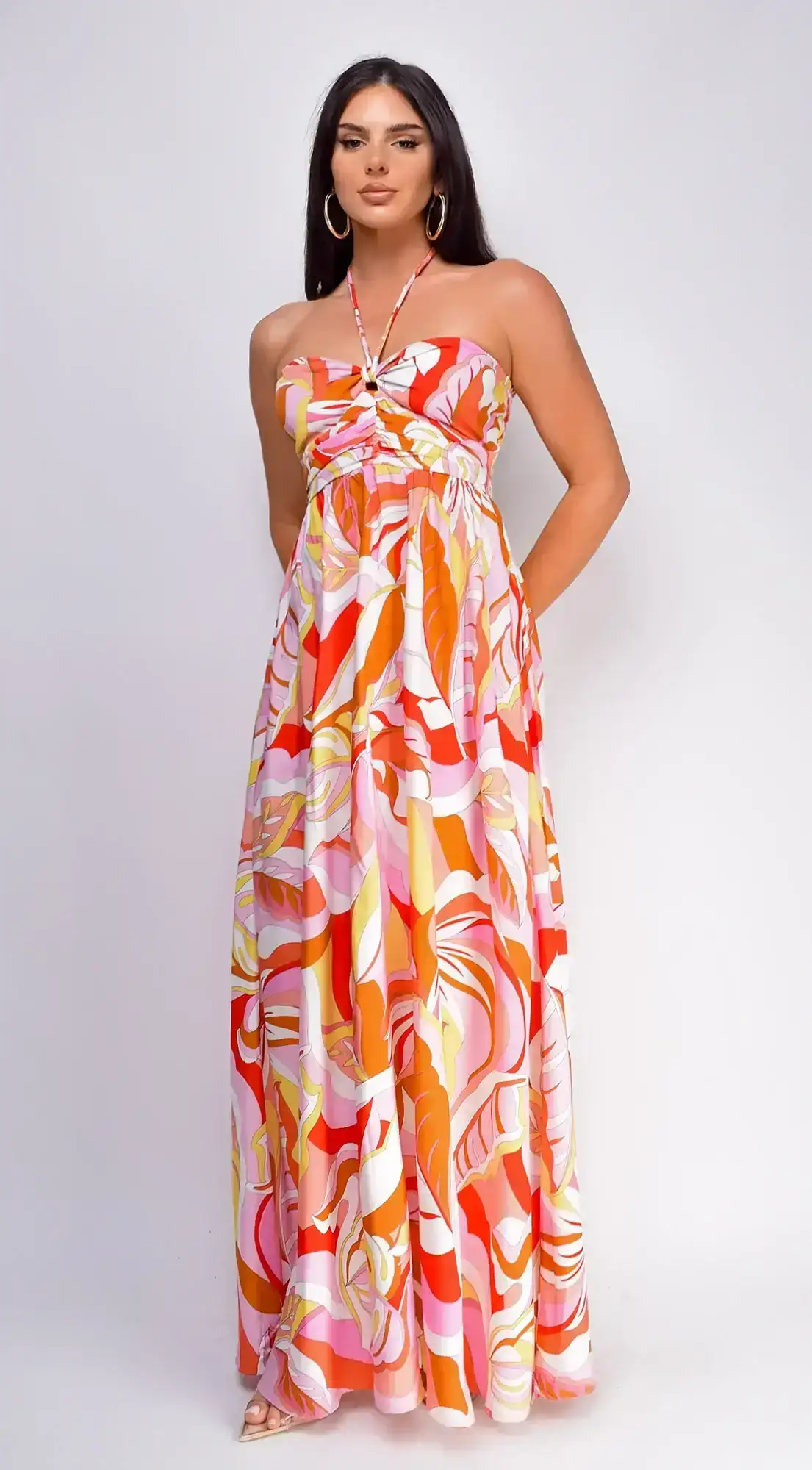 Image of Summer Orange Multi Color Print Maxi Dress