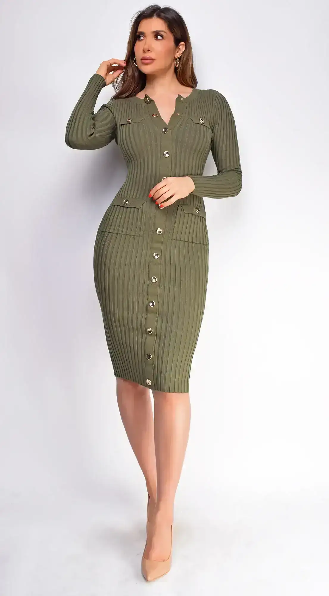 Image of Silja Olive Green Button Down Ribbed Midi Dress