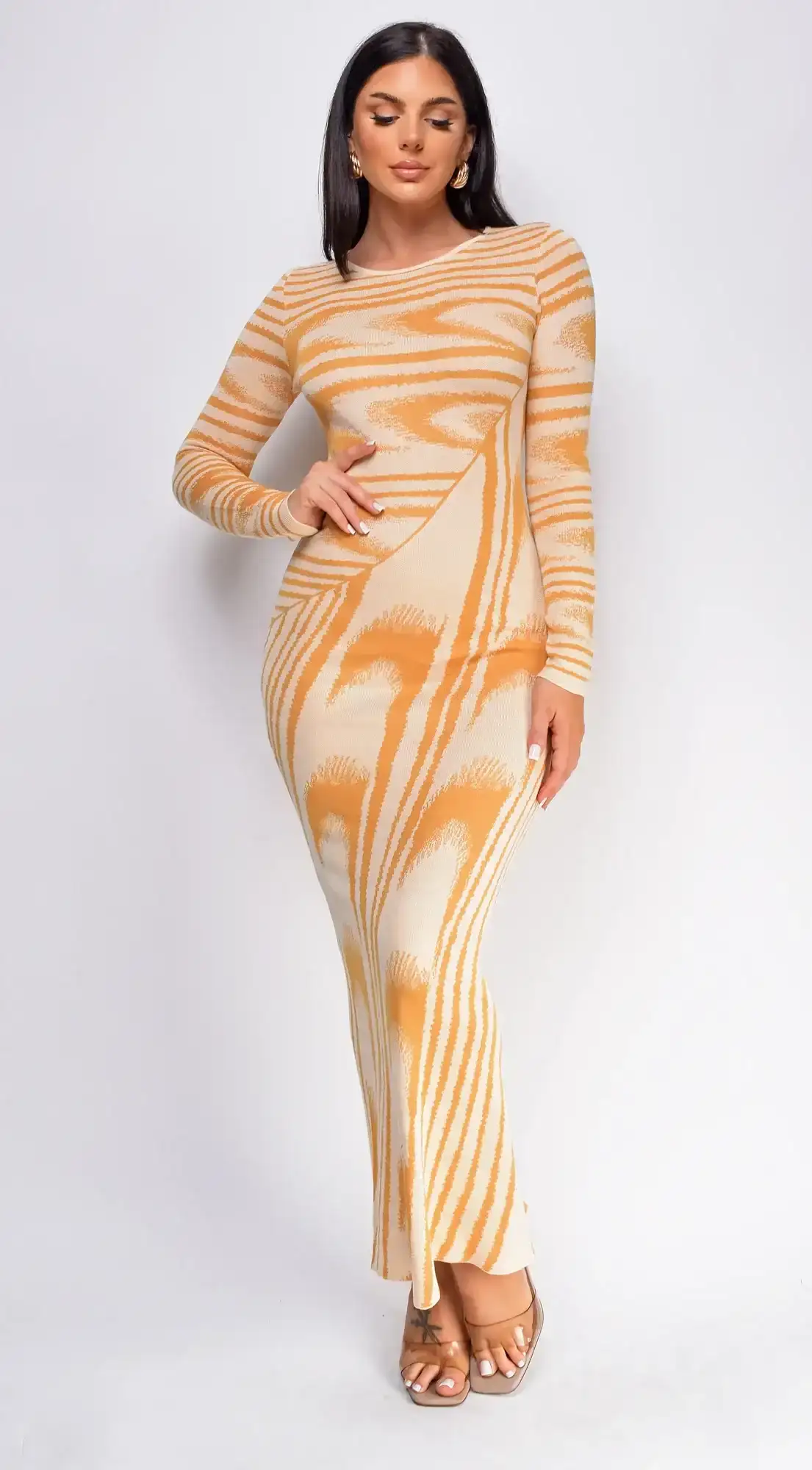 Image of Tova Beige Abstract Print Long Sleeve Maxi Dress