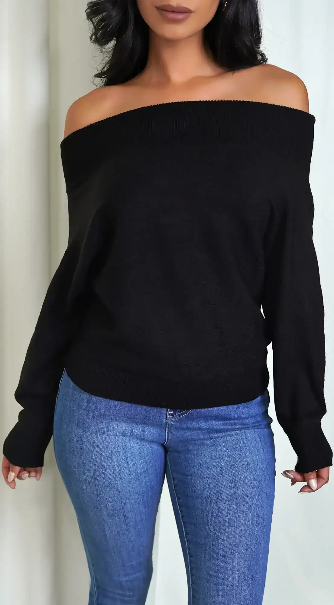Image of Anaya Black Off Shoulder Dolman Sleeve Sweater Top