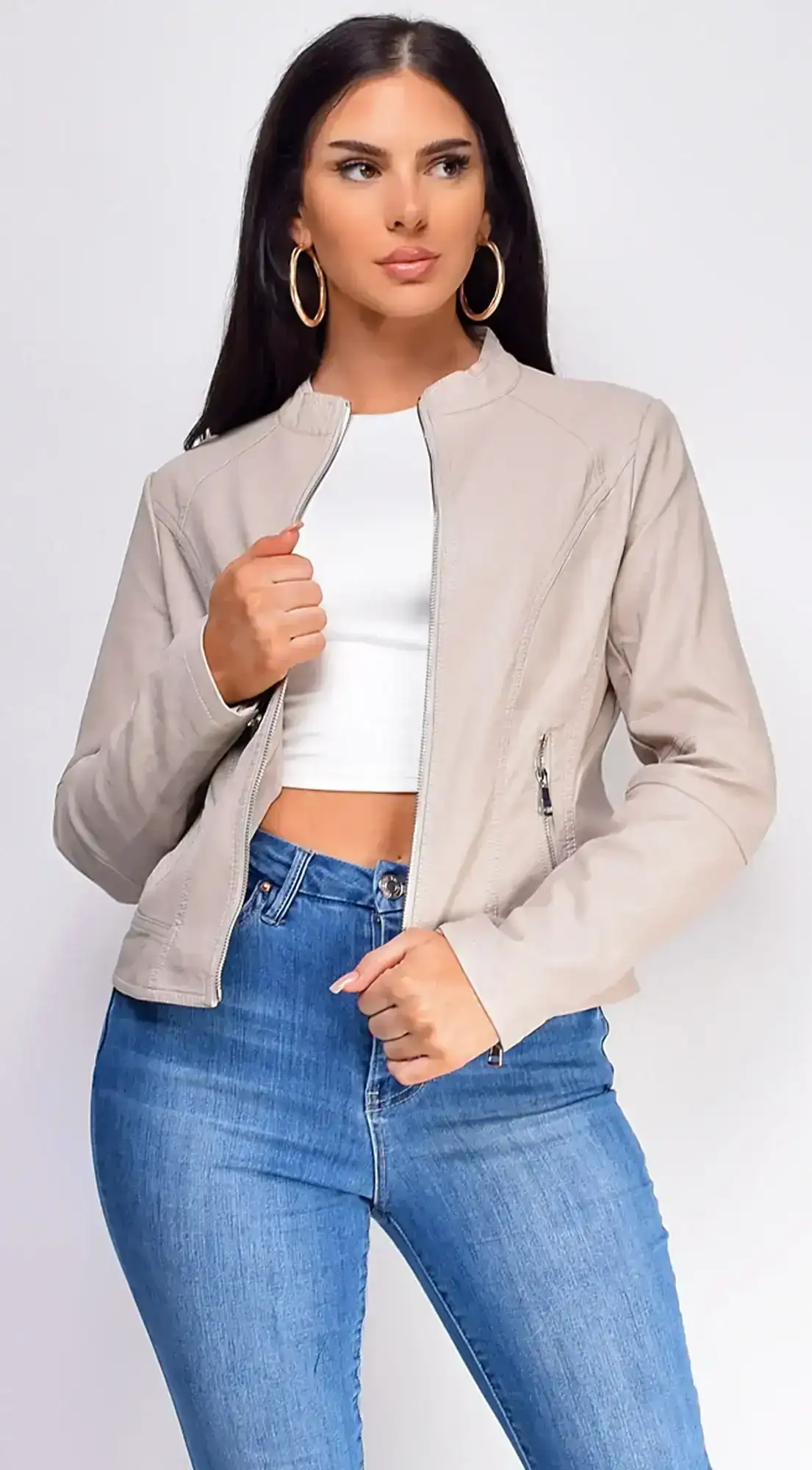 Image of Sona Beige Classic Faux Leather Jacket