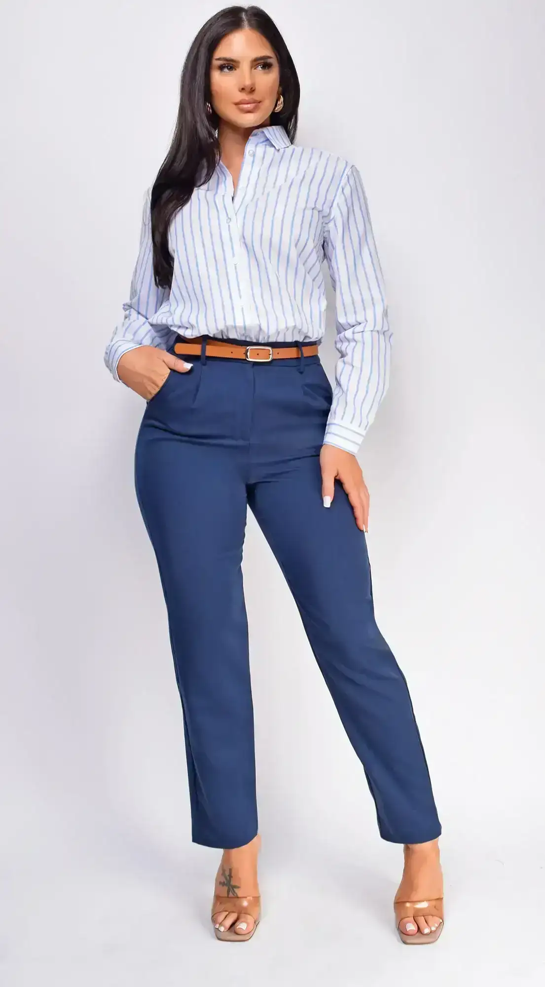 Image of Aspen Navy Blue Twill Slim Fit Cropped Pants