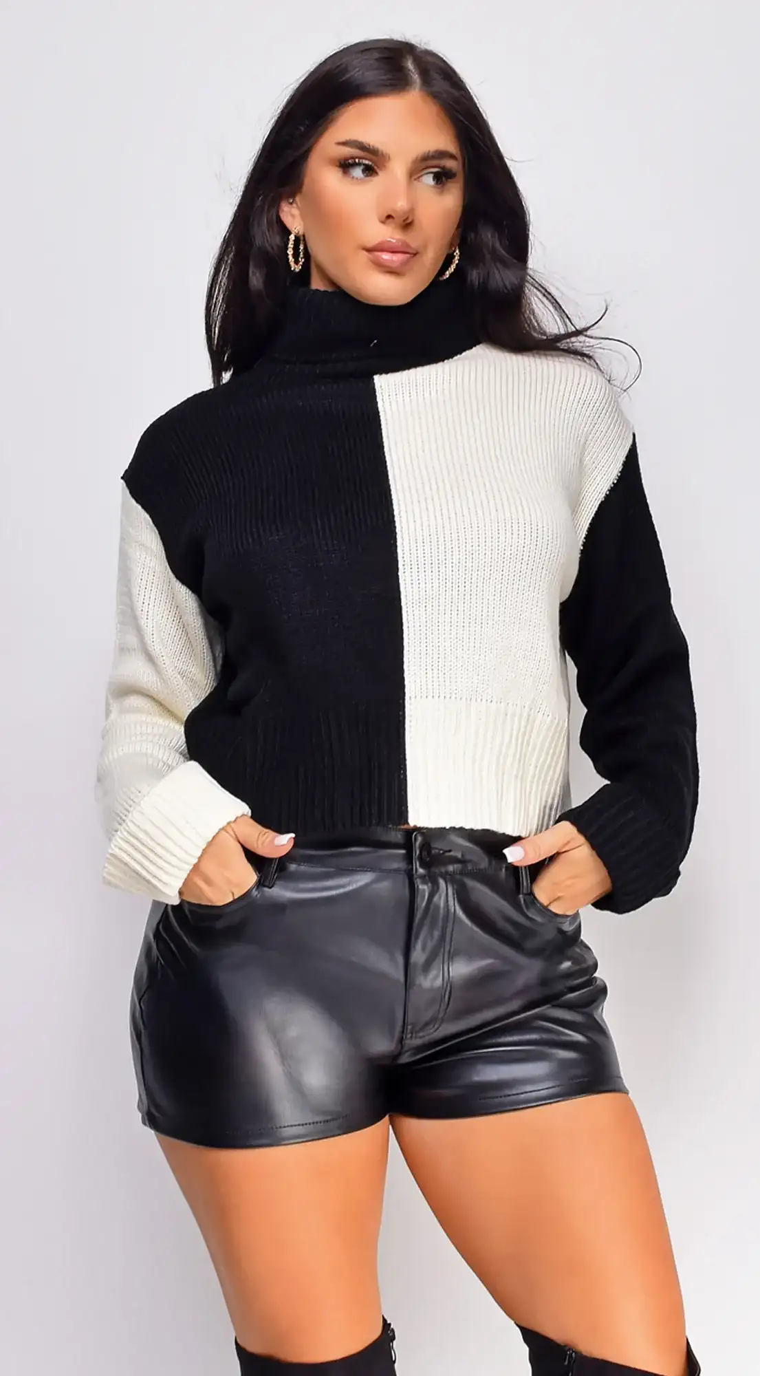 Image of Kaia Black White Color Block Turtle Neck Sweater Top