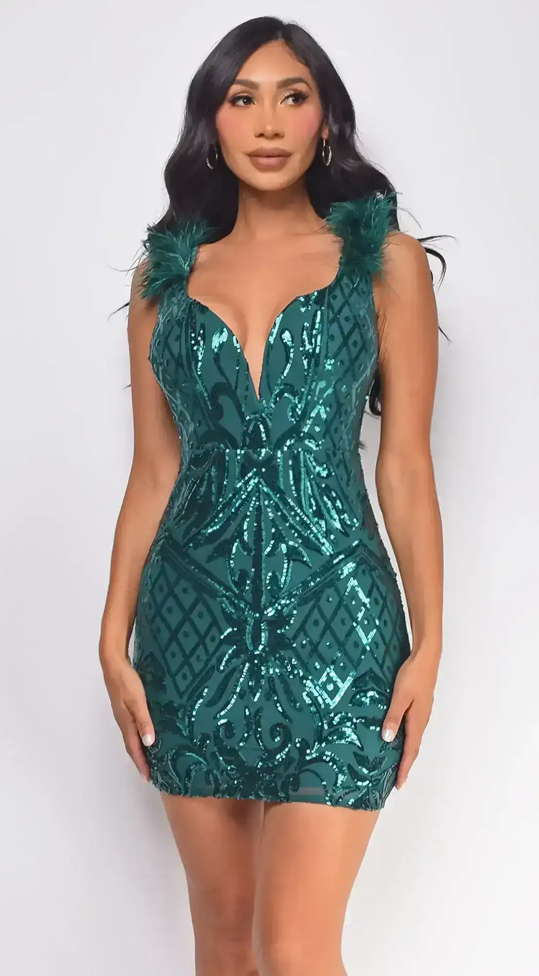 Image of Nehir Green Sequin Pattern Feather Detail Mini Dress