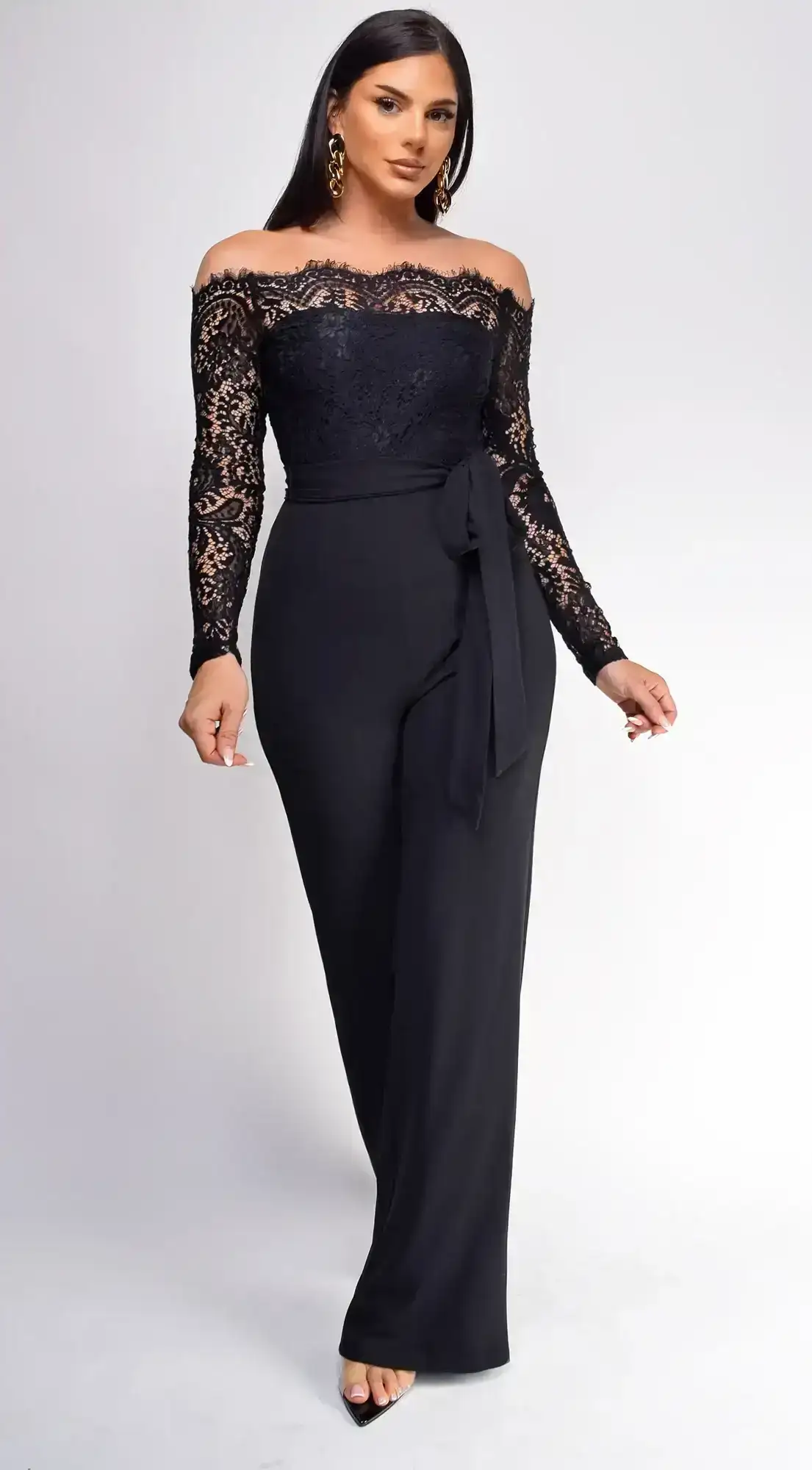 Image of Fawn Black Lace Off Shoulder Jumpsuit