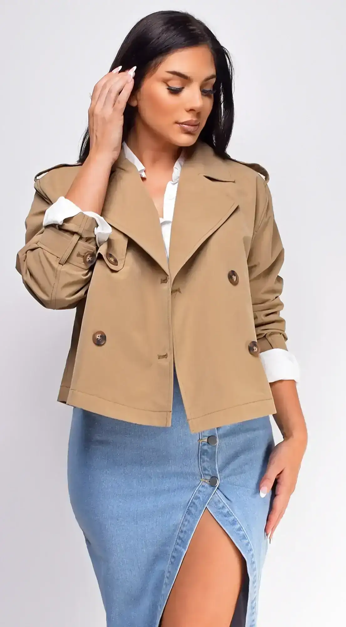 Image of Devin Beige Cropped Trench Jacket